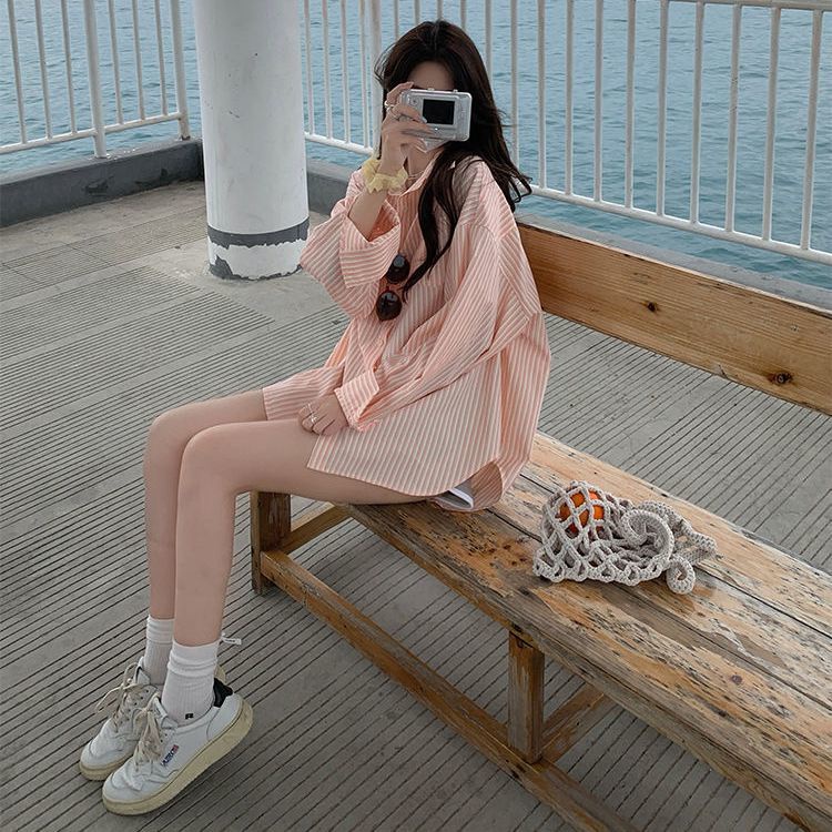 Áo Sơ Mi Dáng Rộng Cổ Bẻ Họa Tiết Kẻ Sọc Thời Trang Mùa Hè Xinh Xắn Cho Nữ