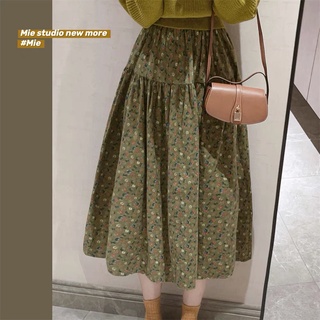 mie studio - Chân váy chun lưng thoải mái xanh hoa nhí vintage