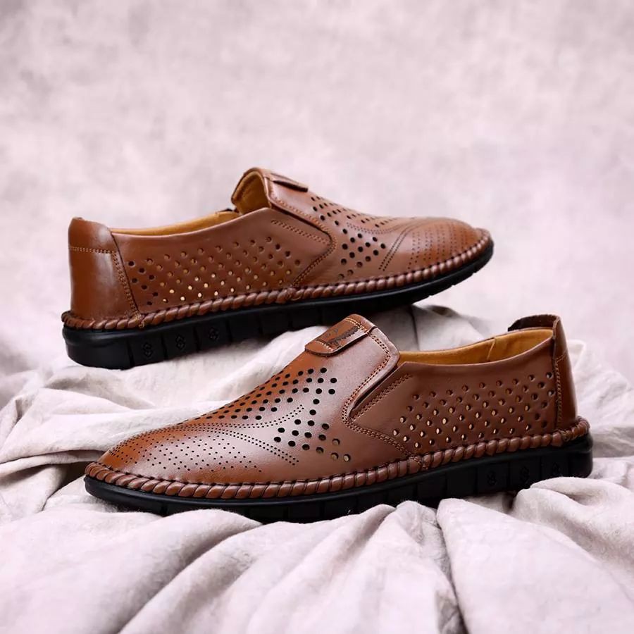 Giày lười nam da chất da bò màu nâu lỗ thoáng có bảo hành | BigBuy360 - bigbuy360.vn