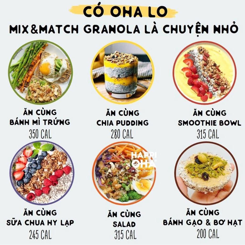 [Set ăn sáng]: Granola ăn kiêng 400g + Bơ Hạt 100g + Bánh Gạo Lứt 170 + Hạt chia 100g HAPPI OHA