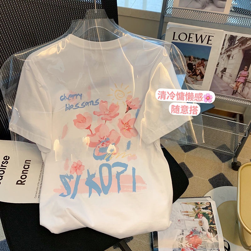 Áo Thun Cotton Ngắn Tay Dáng Rộng In Họa Tiết Cá Tính Dễ Phối Đồ Cho Nữ