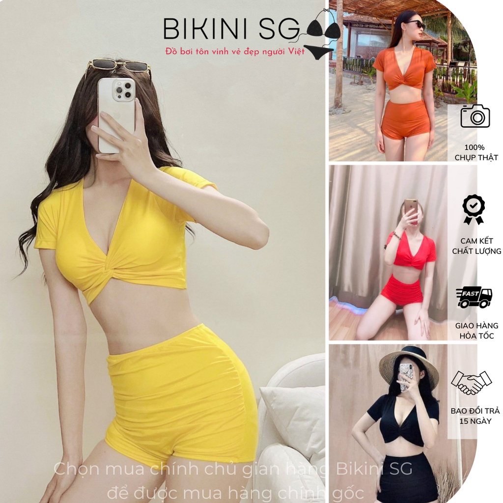 Đồ bơi nữ kín đáo bikini 2 mảnh áo croptop tay ngắn xoắn ngực nhiều màu phối quần lưng cao che khuyết điểm