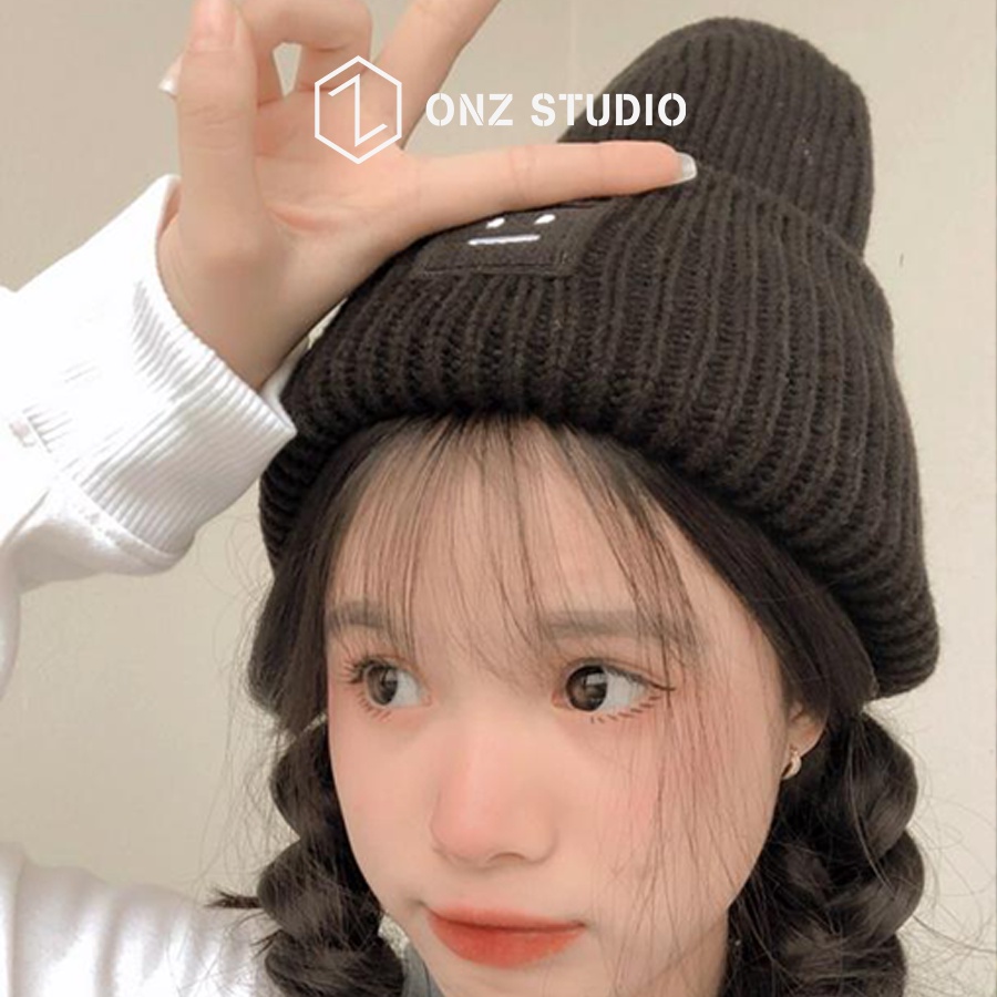 Nón len trơn ONZ siêu ấm tag mặt cười - Mũ len Beanie nam nữ ulzzang Hàn Quốc đan dọc mềm mịn ML03