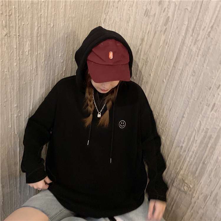 Áo hoodie tay dài dáng rộng thêu họa tiết đơn giản kiểu Hàn Quốc