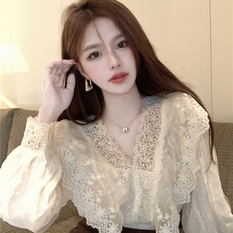 Áo Sơ Mi Tay Dài Cổ Chữ v Phối Ren Phong Cách Phương Tây Dành Cho Nữ