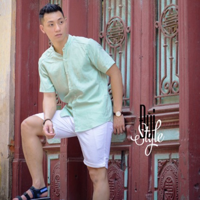Áo sơ mi đũi cổ tàu cộc tay - Màu bạc hà ( Màu mint )