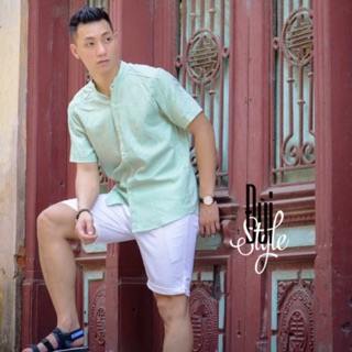 Áo sơ mi đũi cổ tàu cộc tay - Màu bạc hà ( Màu mint )