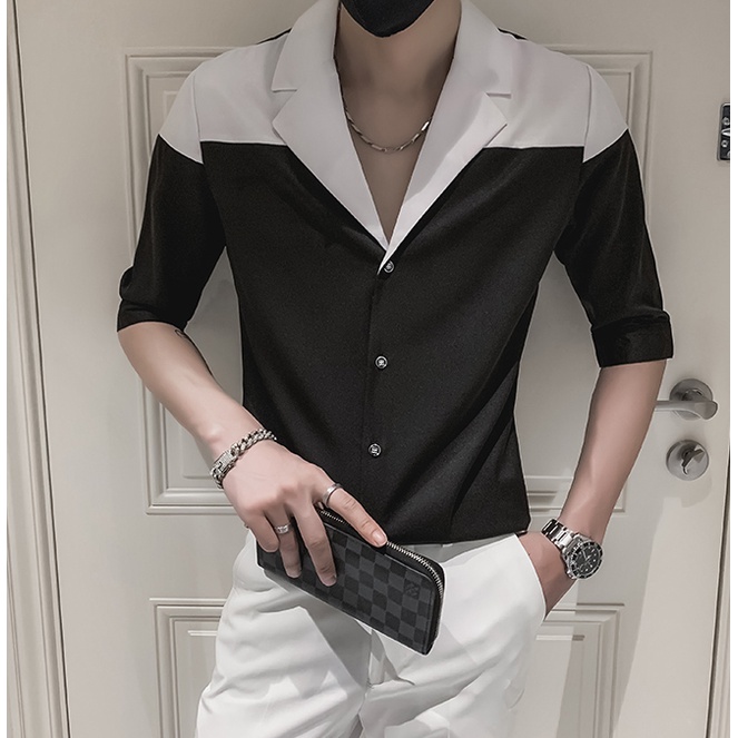 Áo sơ mi nam đen phối trắng Classic Cổ Vest, sơmi phong cách Hàn Quốc lịch lãm SH031 | BigBuy360 - bigbuy360.vn