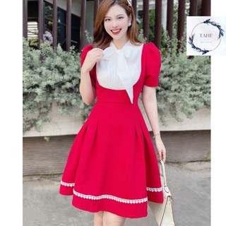 Đầm dự tiệc sang trọng dáng xòe thiết kế phối màu đỏ Tahe V147