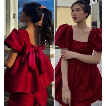Set đồ đi chơi áo cổ vuông nơ lưng bigsize