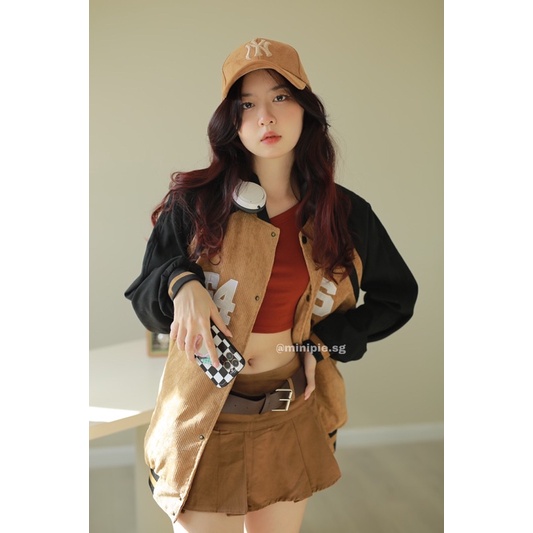 Áo Khoác Bóng Chày Bomber Chất Nhung Tăm Hai Lớp Màu Nâu Form Rộng Unisex Nam Nữ - Minipie