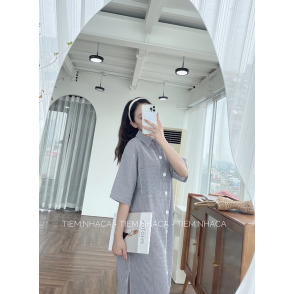 Đầm nữ xinh xắn váy sơmi kẻ xốp tay lỡ dáng dài ulzzang hàn quốc  Tiệm Nhà Cá
