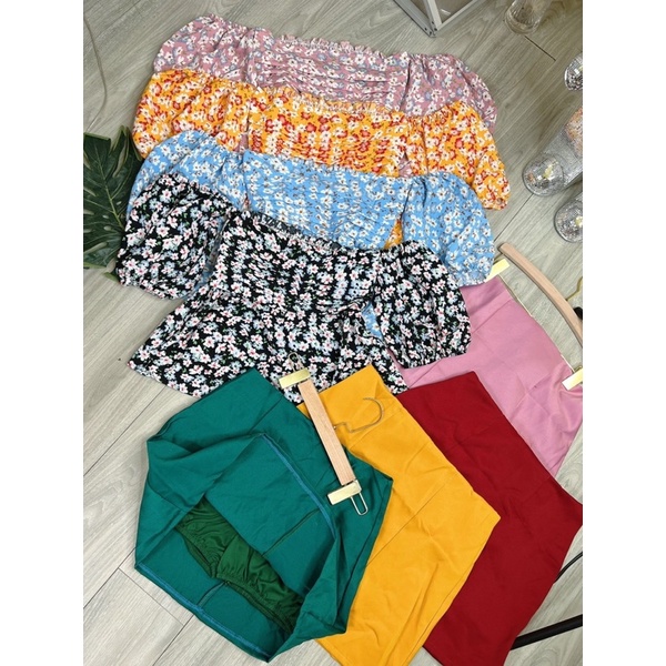 Set Hoa Nhí Trễ Vai - Áo Kèm Chân váy có quần lót bên trong