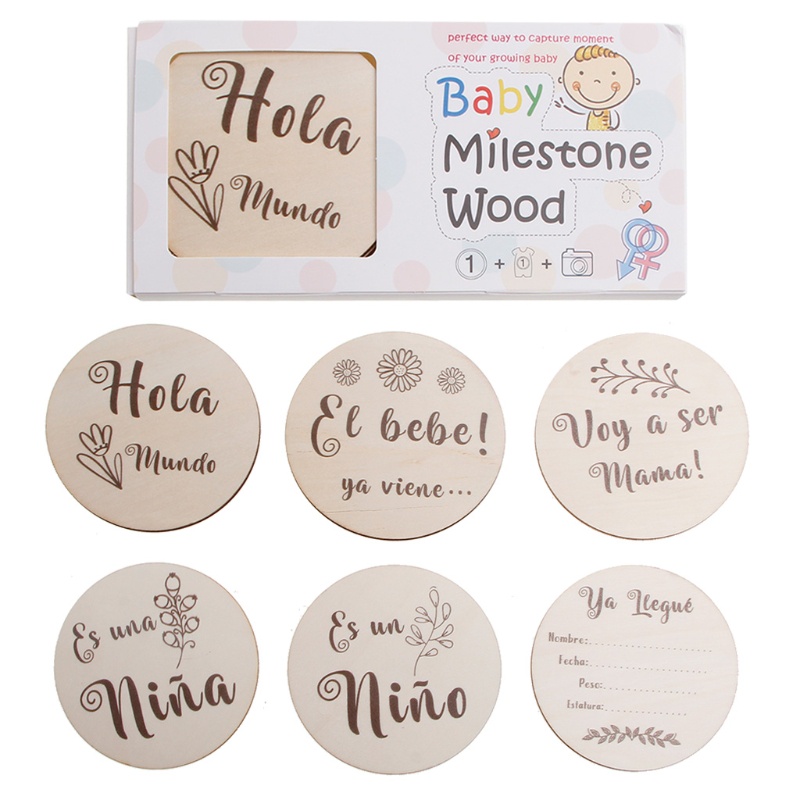 Bộ 6 Tấm Thẻ Ghi Chú Đánh Dấu Cột Mốc Phát Triển Theo Tháng In Họa Tiết Hoa / Chữ Cái Tiếng Tây Ban