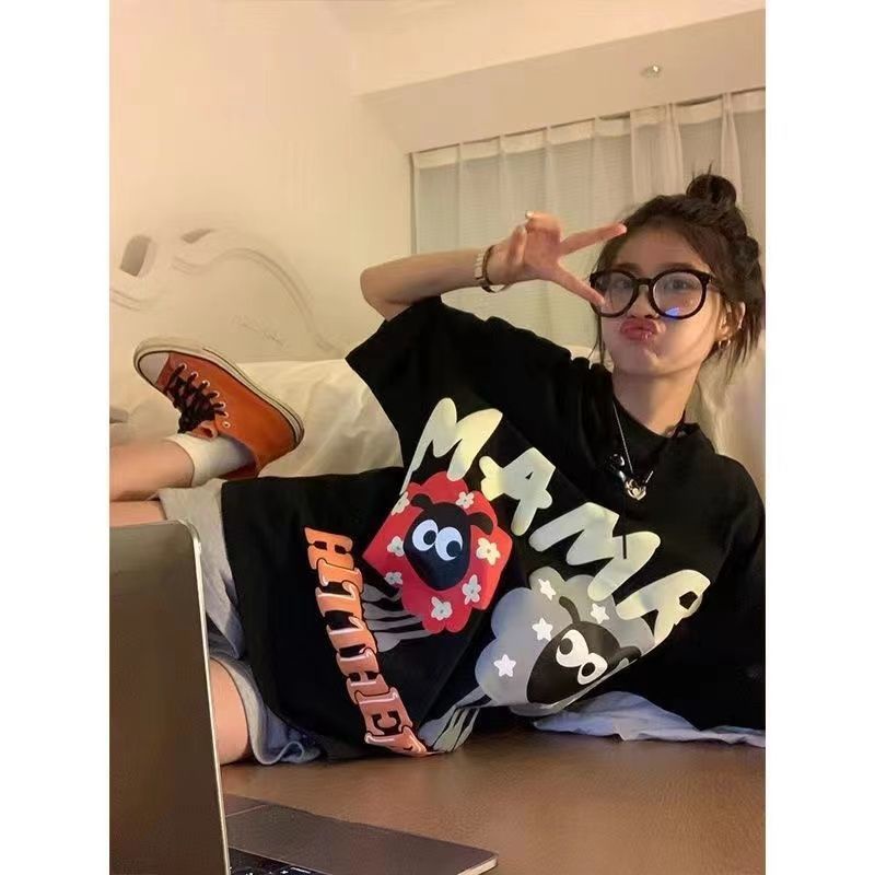 Áo Thun Cotton Ngắn Tay Dáng Rộng In Họa Tiết Hoạt Hình Theo Phong Cách Retro Mỹ Dành Cho Nữ