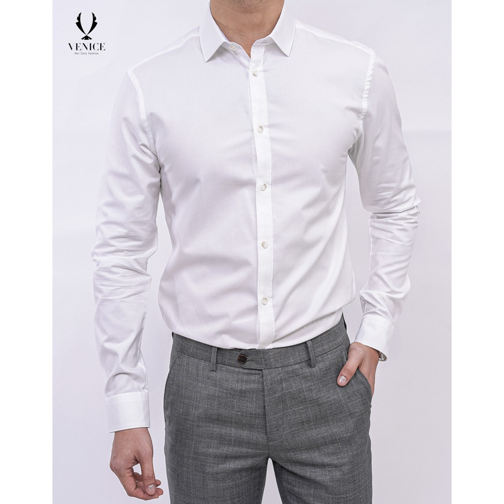 Sơ Mi Nam Dài Tay VENISCE - Màu Trắng Chéo Nhỏ, Cổ Ngược, Pha Cổ Chấm Bi, Form Slim Fit, Vải Cotton Pha Sợi .