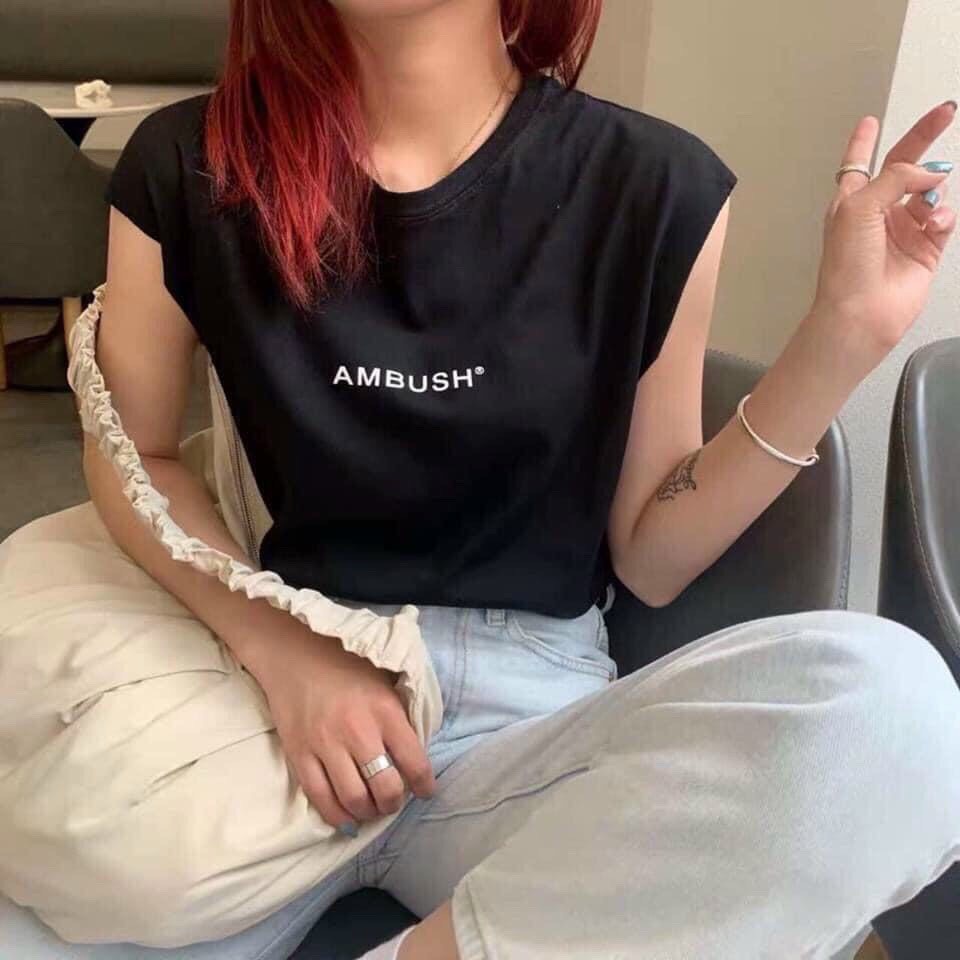 Áo thun nữ ba lỗ sát nách in chữ AMBUSH siêu hot chất liệu tici loại 1 dày mịn freesize dưới 60kg AT35-40