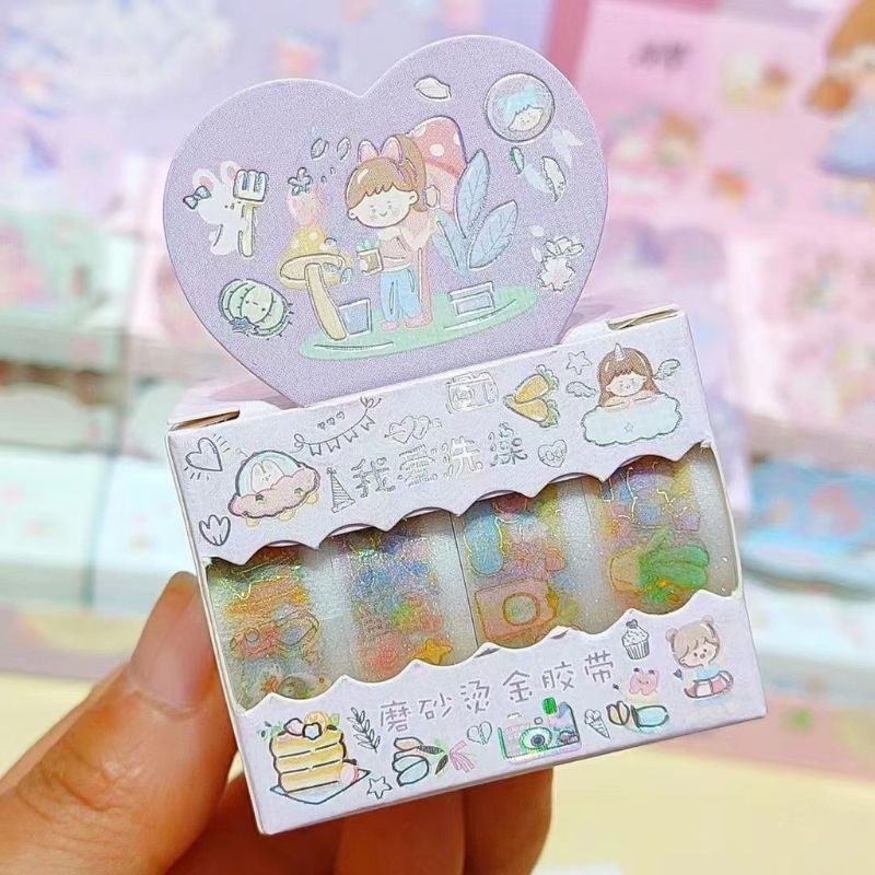 Hộp 4 cuộn washi nhũ ánh kim lấp lánh trang trí