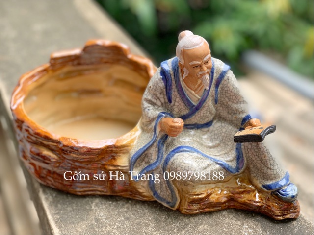 Tượng trồng cây bonsai Khổng Tử đọc sách gốm sứ Bát Tràng cao cấp