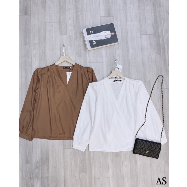 ANU766 - ÁO SƠ MI NỮ LỤA TẰM CỔ V LI VAI DÀI TAY