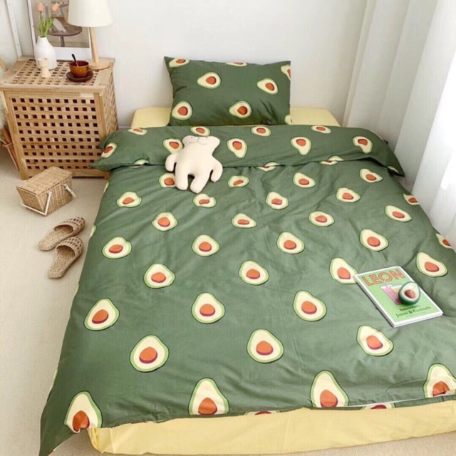 Chăn ga gối Emmibedding chất liệu cotton poly họa tiết quả bơ đáng yêu đủ size miễn phí bo chun