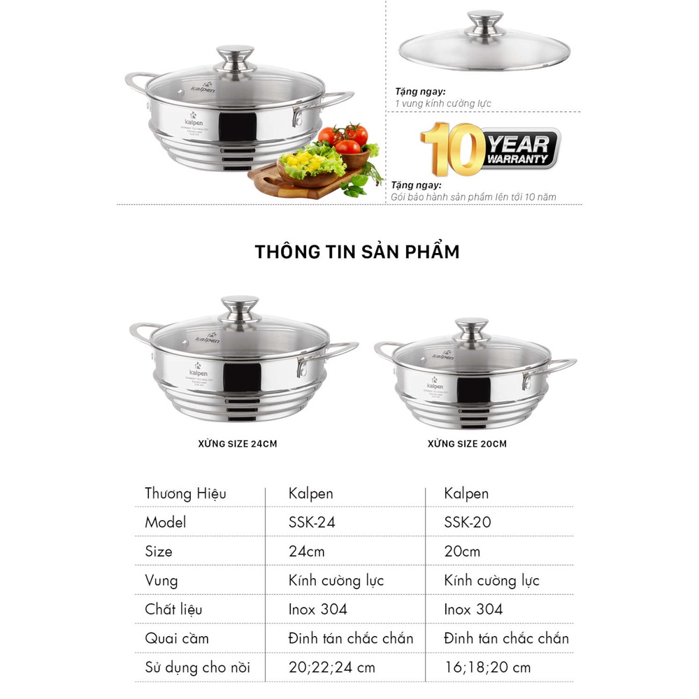 Xửng hấp Inox 304 thông minh 3 nấc 16-18-20cm Kalpen SSK-20 kèm vung kính