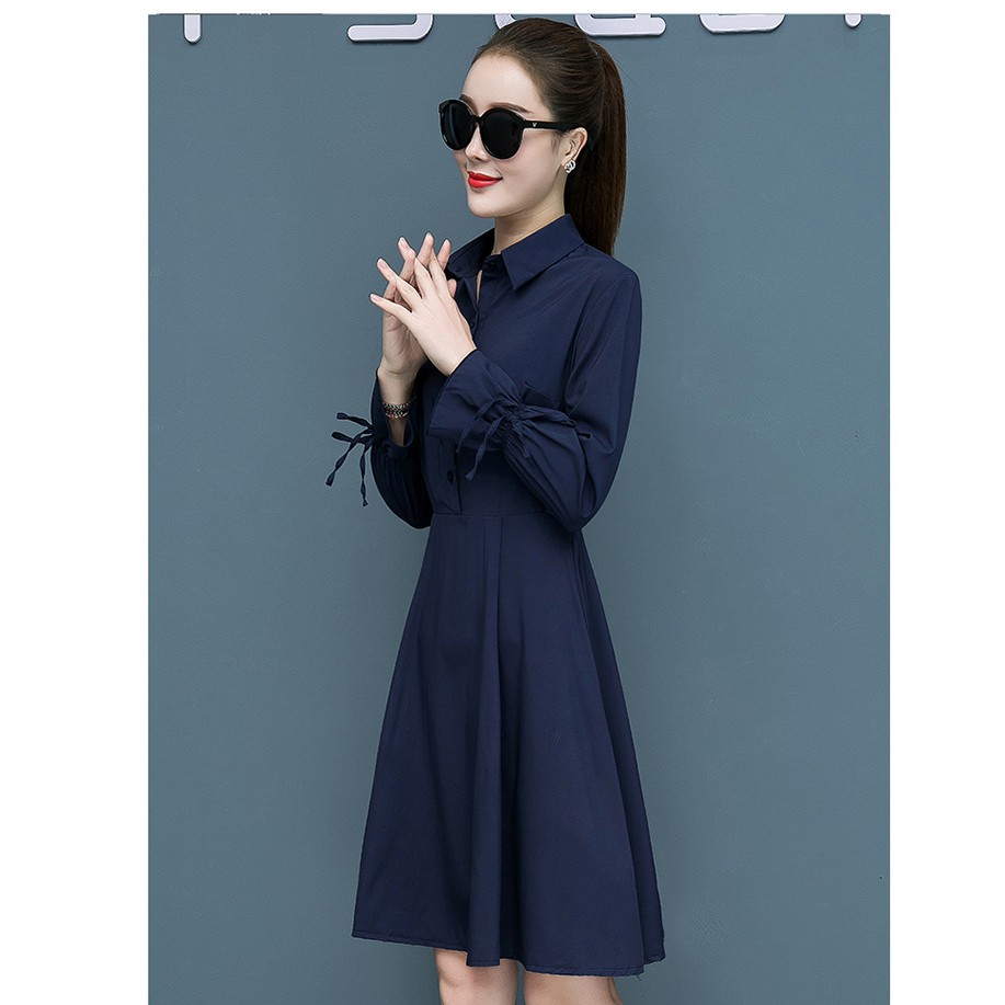 Đầm sơ mi nữ dáng xoè kèm dây thắt nơ, đầm công sở Da52