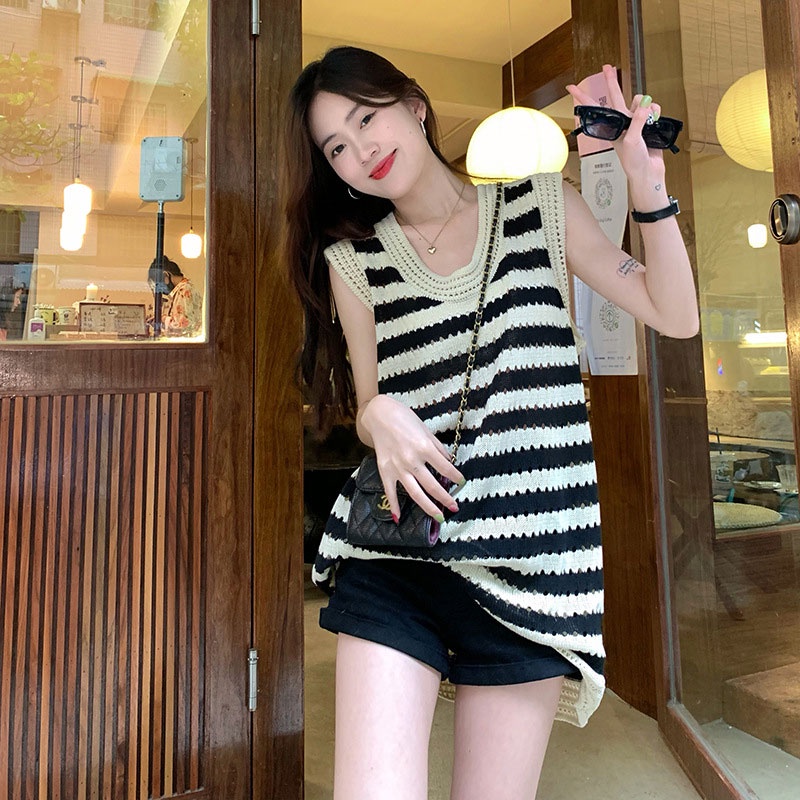 Đầm XINLANYASHE cổ tròn không tay kẻ sọc thời trang váy thiết kế tay bồng