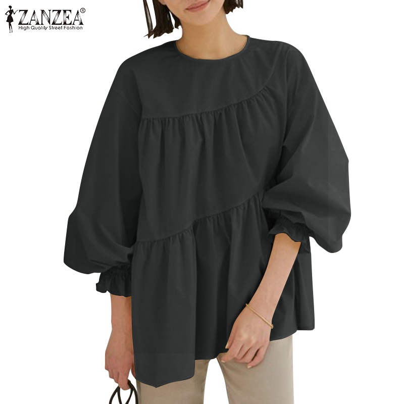 Áo kiểu Zanzea tay phồng dài cổ tròn màu trơn thời trang cho nữ