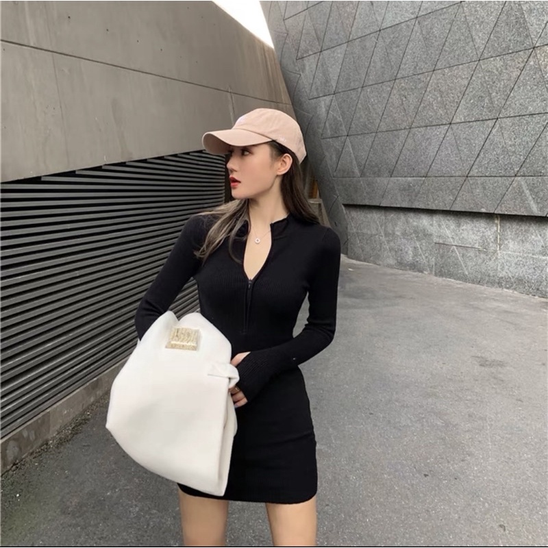 Váy Body Dài Tay Nữ SANMAY Đầm Ôm Dáng Dài Sexy Kéo Khóa Đi Dự Tiệc Cưới Hai Màu Đen Xanh VD054 | BigBuy360 - bigbuy360.vn