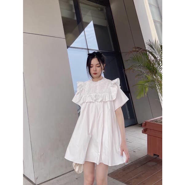 Váy babydoll xếp ly ngực, đầm baby doll tay bồng, dáng ngắn dễ thương