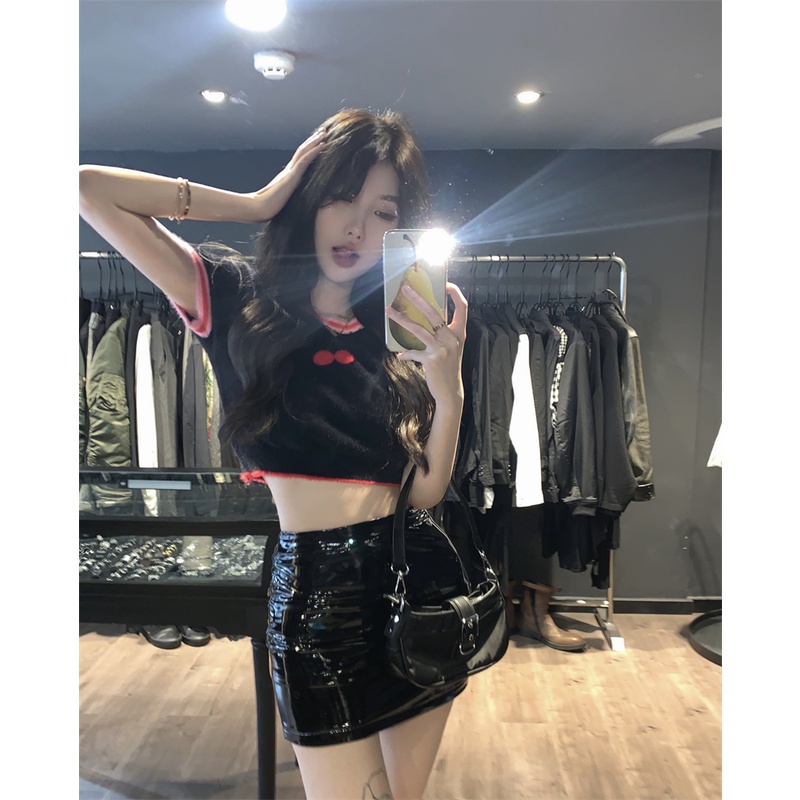 Áo Thun Tay Ngắn Phối Lông Màu Hồng Cherry Dễ Thương