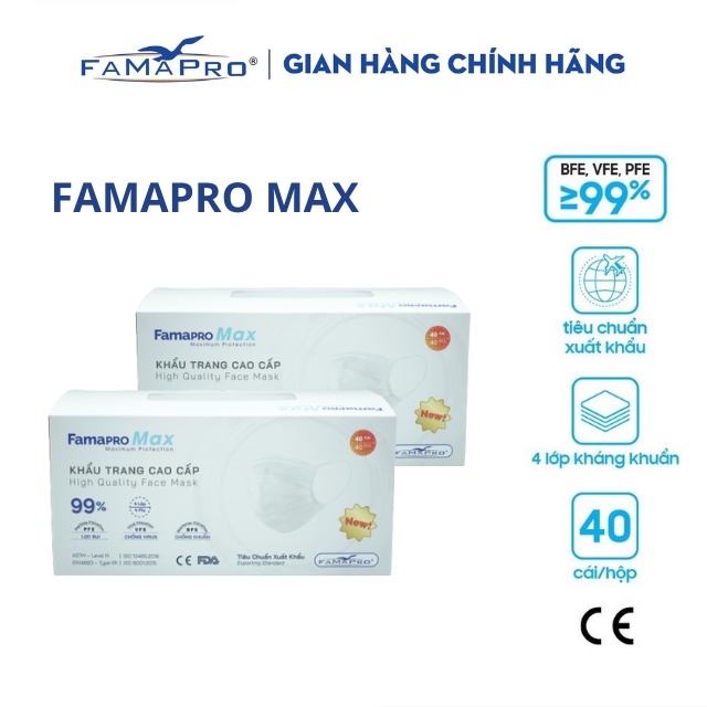 [MAX COMBO 2 HỘP 40 CÁI MÀU TRẮNG] Khẩu trang y tế cao cấp kháng khuẩn 4 lớp Famapro max