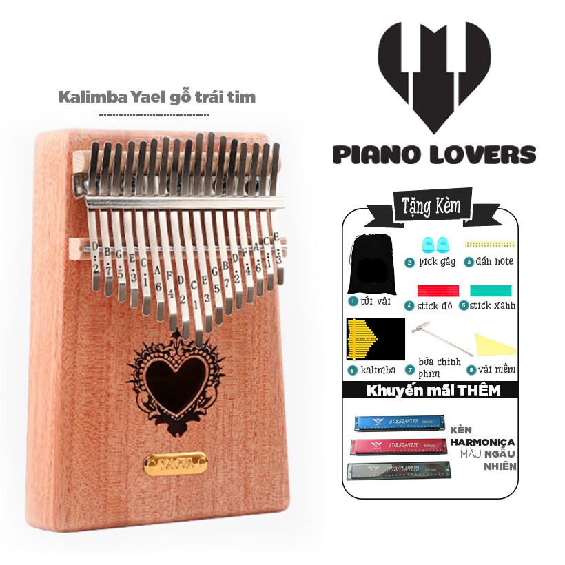 Đàn Kalimba 17 phím Gỗ Mahogany Yael Gỗ Trái Tim Tặng Kèm Harmonica 24 Lỗ Màu Ngẫu Nhiên - HÀNG CÓ SẴN