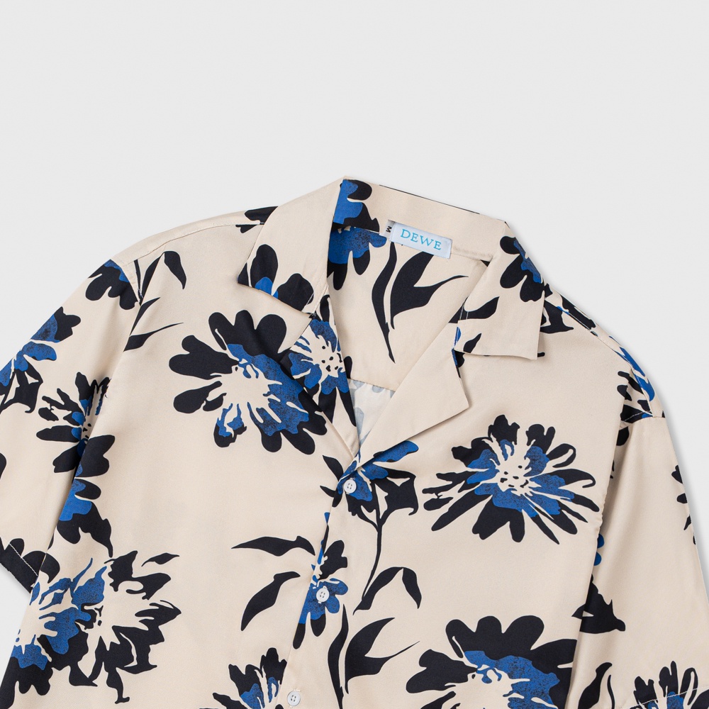 Áo sơ mi ngắn tay DEWE, vải lụa chéo nhập khẩu chống nhắn thoáng mát, hoạ tiết Hoa Đen - DEWE Cuban Shirt