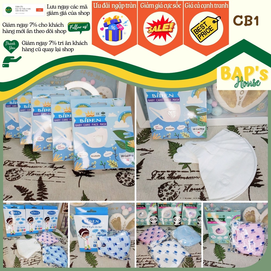 Khẩu trang cho trẻ em, Khẩu trang cho bé 1 tuổi đến 5 tuổi hộp 10 cái 3d biden BAP House CB1s