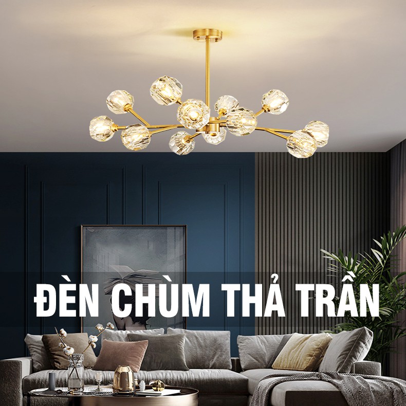 Đèn Chùm LED Thả Trần Trang Trí Phòng Bếp, Cửa Hàng, 15 - 12 bóng , Đèn Thả Trần Vintage Pha Lê