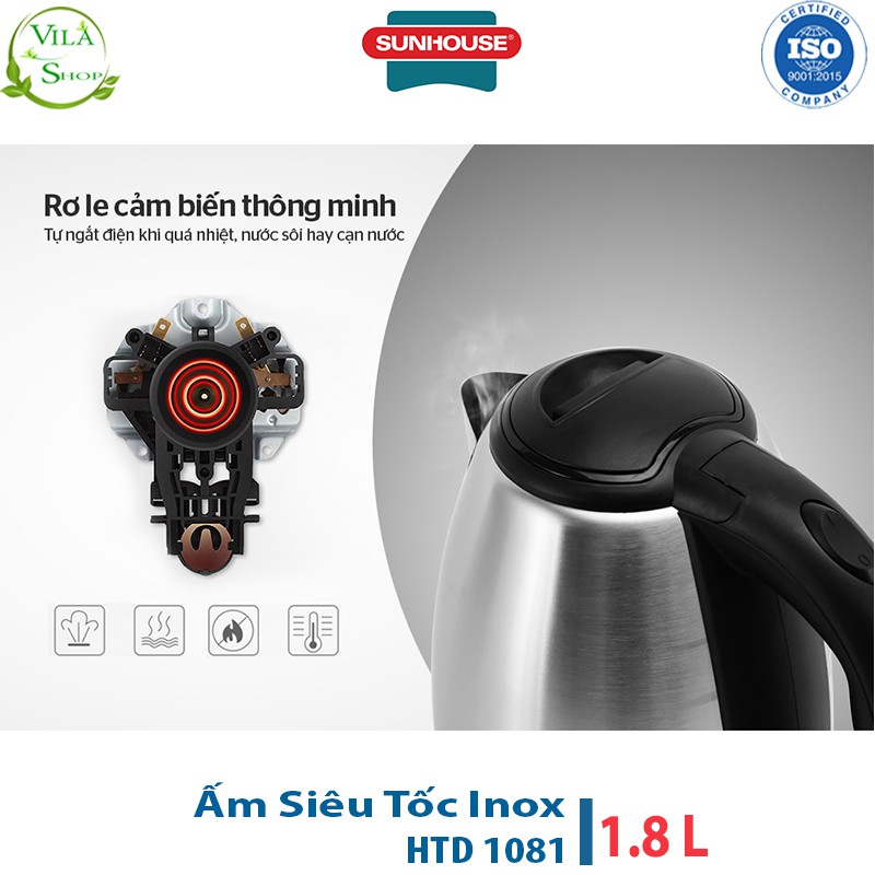 Ấm Siêu Tốc, Ấm Đun Nước Inox Sunhouse Happy time HTD1081 - Dung tích 1.8L, Chất Liệu Inox Cao Cấp Siêu Bền