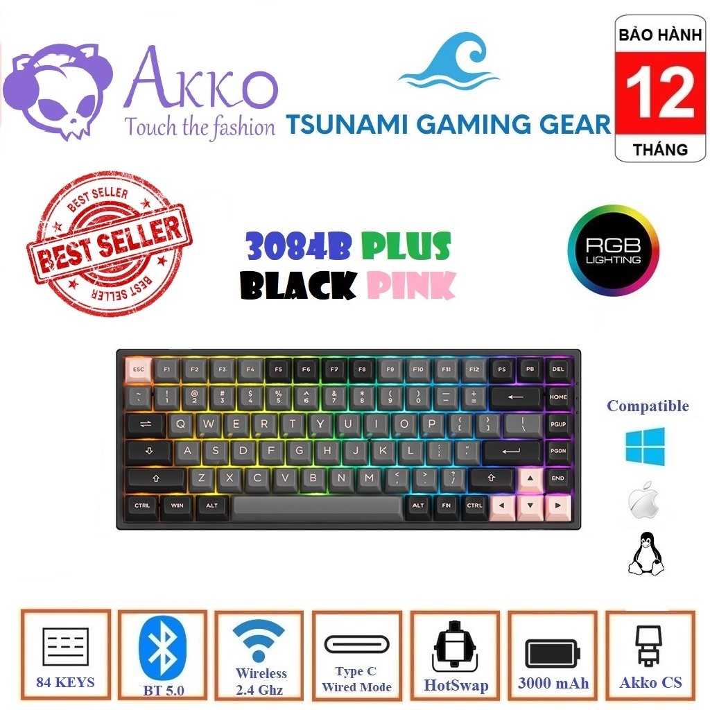 Bàn phím cơ AKKO 3084 v2/ 3084B Plus Black Pink | Hotswap | RGB | Bluetooth | Wireless 2.4 Ghz | USB Type C