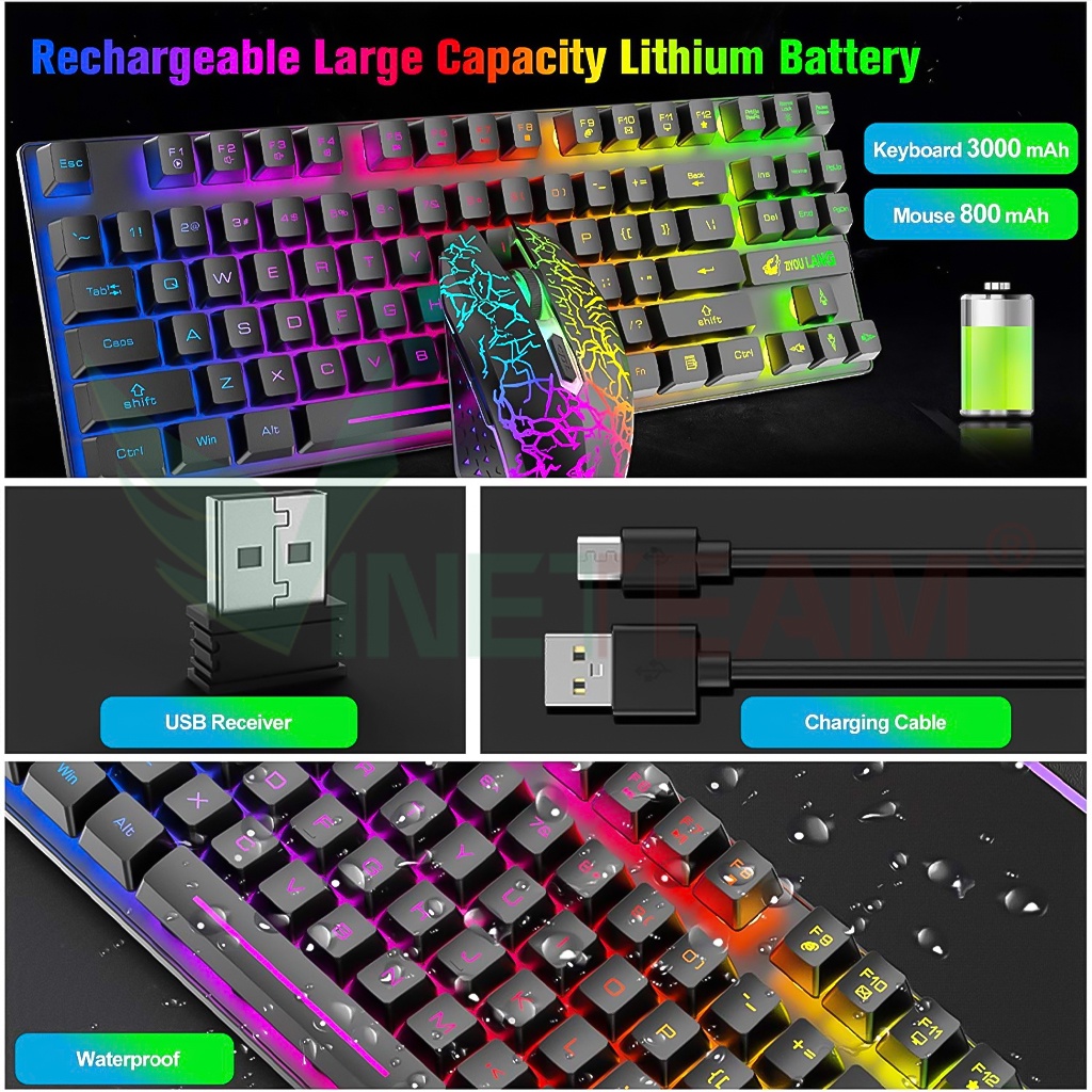 Combo Bàn Phím Chuột  không dây Cho Máy Tính Gaming Có Đèn Led Pin Sạc Vinetteam T87 Tặng Kèm Lót Chuột Game -4749
