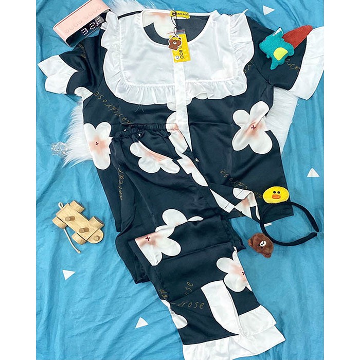 Đồ Bộ Pijama Satin Bèo Tay Ngắn Quần Dài In Hình Dễ Thương Form Dưới 60KG