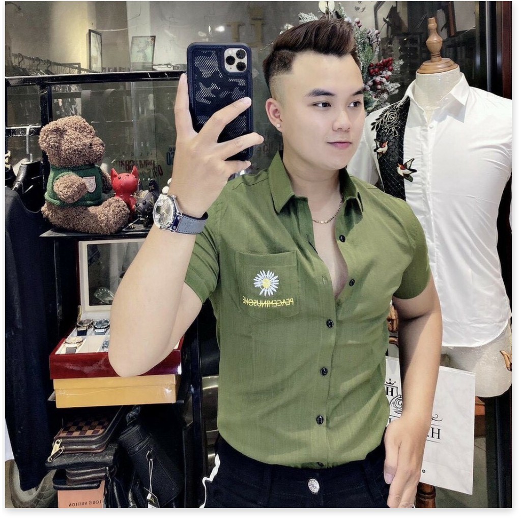 Áo Sơ Mi Đũi Nam Thêu Hoa Cúc Hot Trend. HP