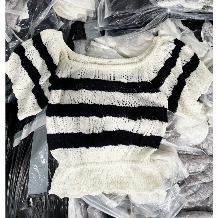 Áo croptop nữ đen lưới tay xoè - hàng có sẵn