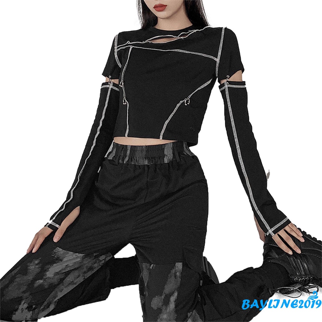 Áo croptop dài tay phối đường chỉ khác màu phong cách cá tính thời trang cho nữ