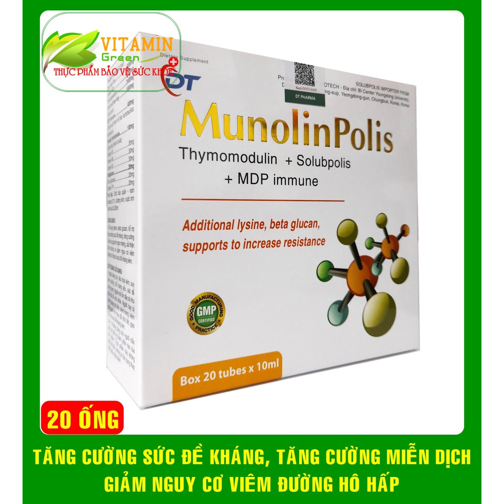 MUNOLINPOLIS CHIẾT XUẤT KEO ONG, THYMOMODULIN, BETAGLUCAN GIÚP TĂNG CƯỜNG SỨC ĐỀ KHÁNG (HỘP 20 ỐNG X 10ML)