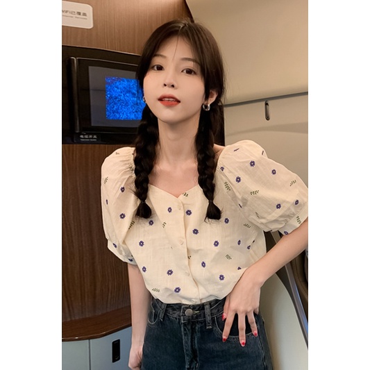 Áo sơ mi tay ngắn họa tiết hoa thời trang mùa hè xinh xắn cho nữ