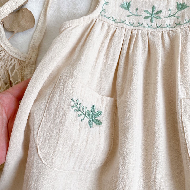 Đầm Sát Nách Màu Xanh Lá Chất Liệu Cotton Thêu Họa Tiết Cho Bé 80-120cm