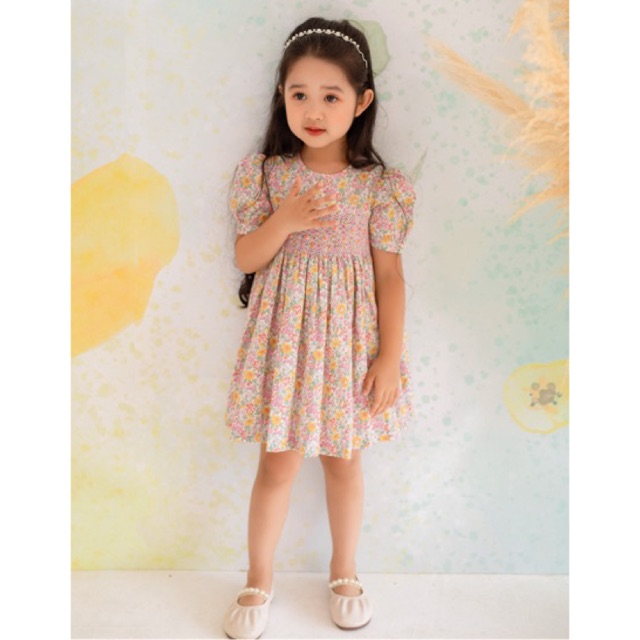 [LITTLE PINK] KEIKO SMOCKED DRESS - Váy smock cổ tròn hoa tím vàng bé gái