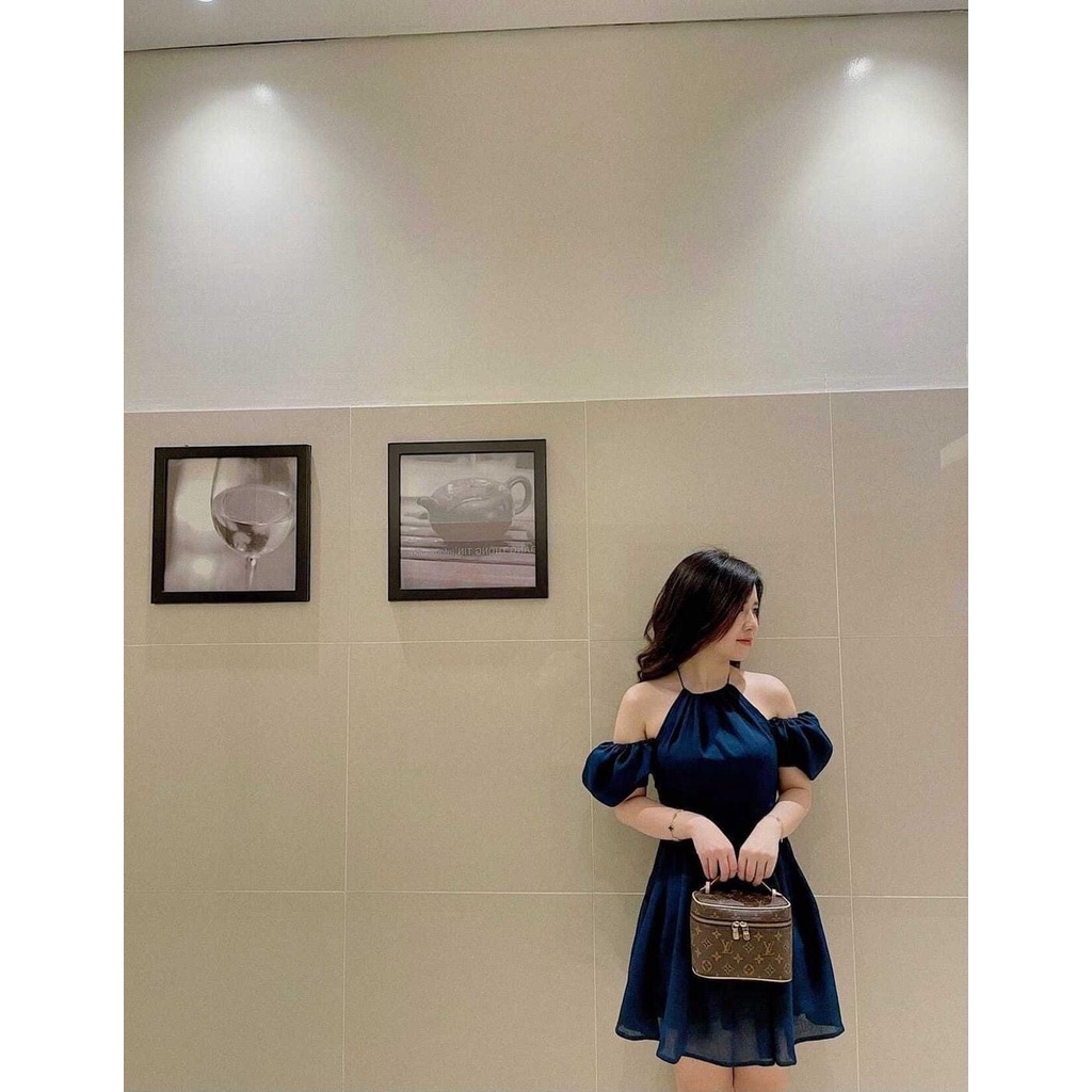 (Sẵn XANH THAN đậm) GILICA Đầm GRINIS Dress cổ yếm buộc dây nơ cổ màu XANH THAN/TRẮNG dáng xòe dạo phố nữ tính trẻ trung | BigBuy360 - bigbuy360.vn