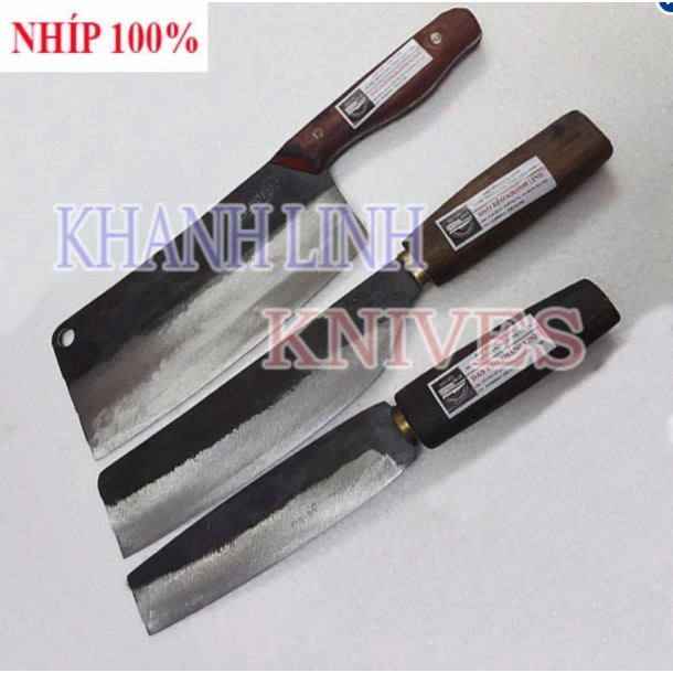 Bộ dao nhà bếp số 7  đặc biệt Khánh Linh - Đa Sỹ làm bằng nhíp 100% (dao phở chặt cán cong, dao bài thái, chuối bột)